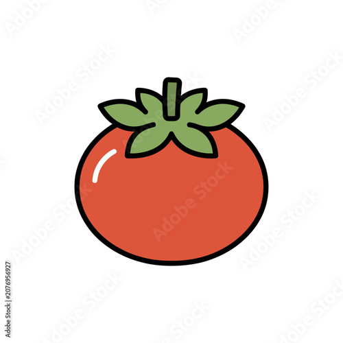 Flat illustration of a red tomato with green leaves