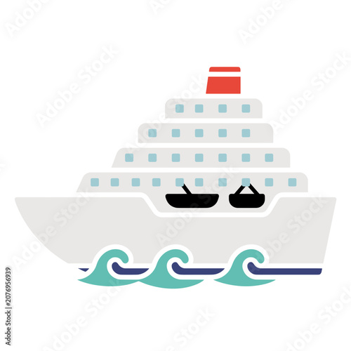Flat illustration of a cruise ship with lifeboats and waves
