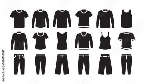 Foto Assorted black vector clothing icons for men and women shirts pants and casual wear styles