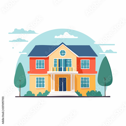 Illustration of a Two-Story House with Trees and Clouds