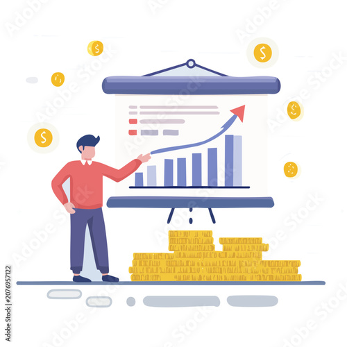 Man presenting business growth chart with coins and dollar signs