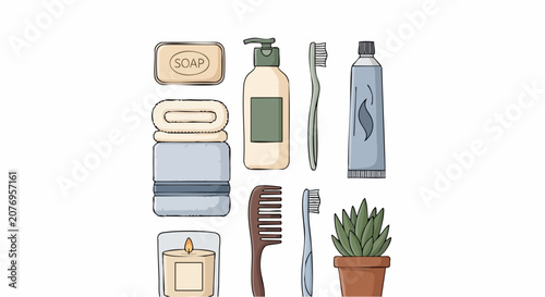 Set of bathroom accessories and personal hygiene products illustration.