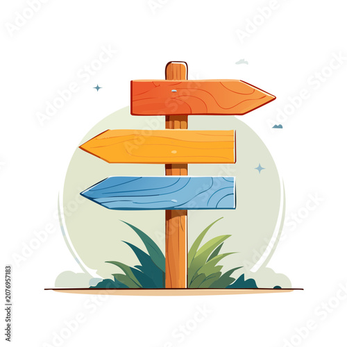 Wooden signpost with three directional arrows illustration