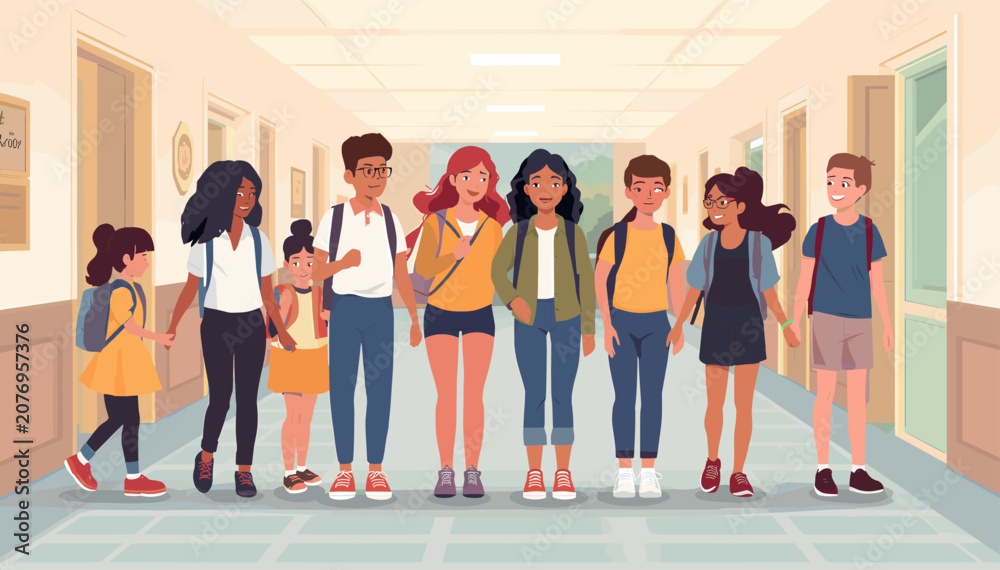 Obraz premium A diverse group of happy students of different ages and ethnicities standing together in a school hallway with backpacks.