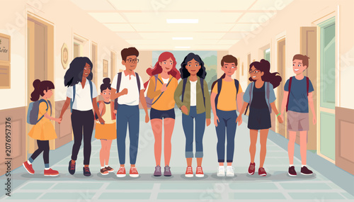 A diverse group of happy students of different ages and ethnicities standing together in a school hallway with backpacks.