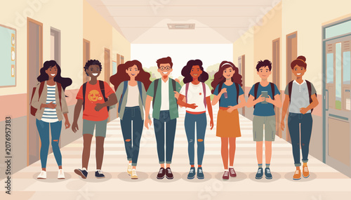 A diverse group of happy students walking together in a bright school hallway, ready for classes and learning.