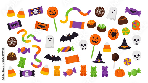 Photography Festive collection of halloween candy treats featuring pumpkins, ghosts, bats, skulls, lollipops, gummy bears, perfect for party invitations and social media posts