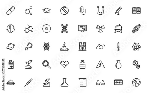 Science study icon set. Minimal line icons pack. Featuring pill, molecule, bacteria, DNA, microscope, flask, atom, heart, book, brain, telescope, mortarboard and more. Editable stroke.