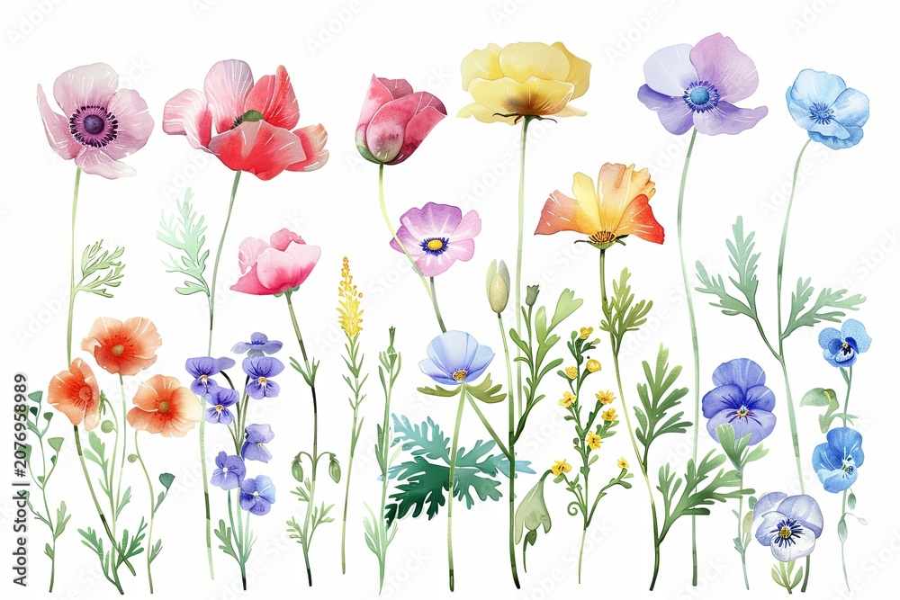 Fototapeta premium Soft floral illustration with colorful flowers and leaves on white. Gentle tones suit nursery wall art and decor.