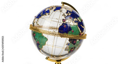 Decorative gemstone globe showing world map on gold stand with gemstone geography decorative education colorful navigation continental business international ornament collectible