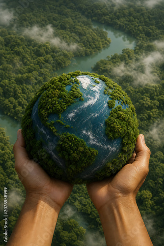 Hands holding a green earth surrounded by lush forest to save and protect nature