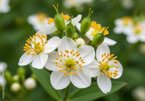 Delicate White Flowers with Yellow Centers in Bloom.