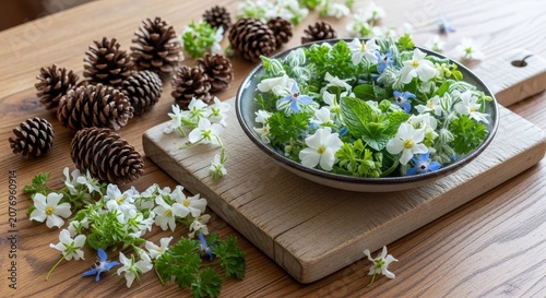 Floral arrangement with pine cones on wooden board.