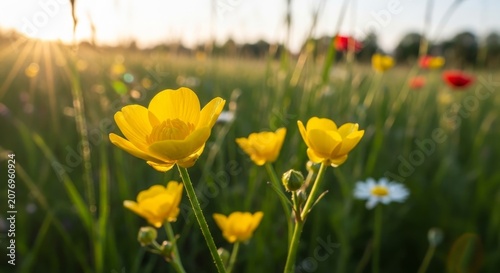 Golden hour meadow - Buttercups in a field bathed in sunlight.