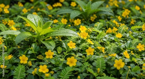 Lush carpet of creeping buttercup flowers in a garden.