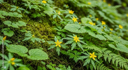Lush Forest Floor - A Carpet of Greenery and Yellow Blooms.