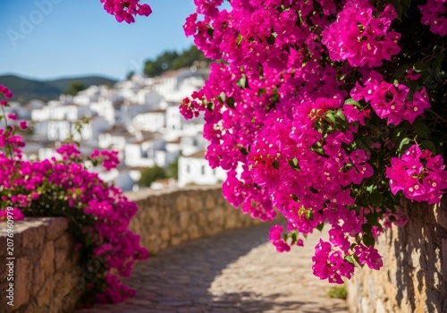 Picturesque Spanish Village Scene with Vibrant Bougainvillea Flowers.