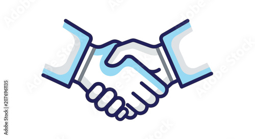 Minimalist vector line art illustration of a business handshake agreement, featuring blue and white flat design with thick dark outlines on a solid white background.