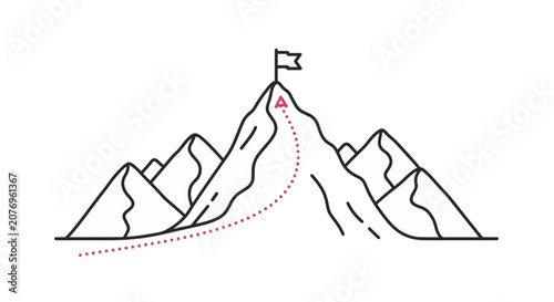 Minimalist line art mountain range illustration with a flag at the highest peak and a red dotted path leading to the summit, isolated on a white background for business concepts.