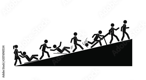 Black stick figure silhouettes on a diagonal incline ramp depicting people climbing, falling, slipping, and helping others on a white background vector style illustration.