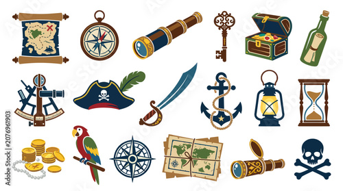 Pirate Treasure Map, Compass, Spyglass, Key, Chest, Parrot, Skull Vector Art