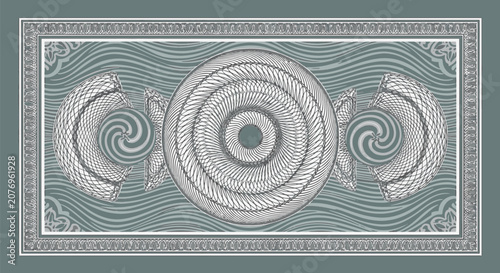 Intricate pale slate cyan guilloche pattern featuring symmetrical circular rosettes and wavy line backgrounds. High-detail security engraving for banknotes, certificates, and vouchers.