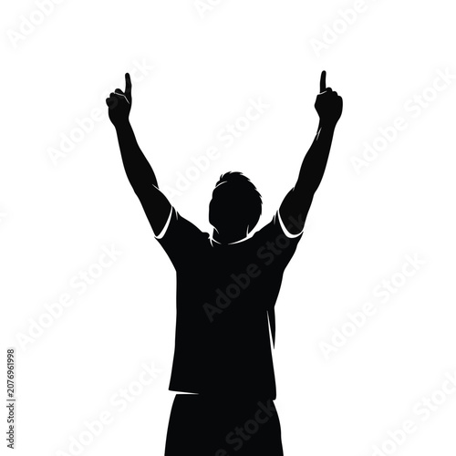 Black silhouette of a male athlete with arms raised and index fingers pointing up, celebrating victory or a goal scoring moment, isolated on a white background vector graphic.
