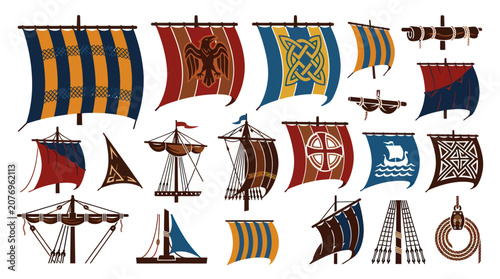 Medieval Viking Ship Sails and Rigging Vector Illustration - Nautical History