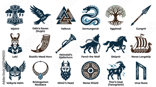 Norse Mythology Symbols Vector Icons - Ancient Viking Gods and Legends Art