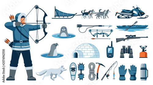 Arctic Survival Gear Flat Vector Icons: Archer, Igloo, Snowmobile, Kayak, Fox