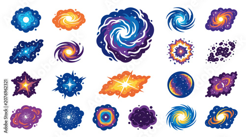 Colorful Galaxy and Nebula Icons, Space Vector Graphics, Sci-Fi Art Style
