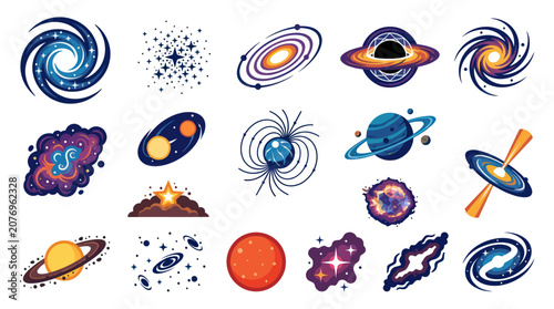 Flat Vector Space Icons and Galaxy Elements Set. Astronomy Celestial Bodies and Universe Exploration Illustrations.
