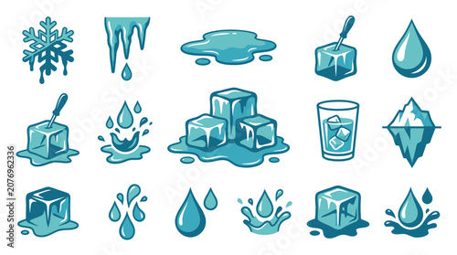 Ice and Water Elements Flat Vector Illustration Icon Set for Cold Drinks, Hydration, and Weather Concepts