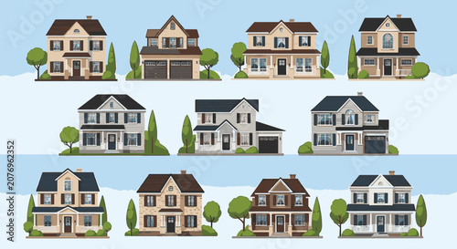 Set of ten suburban residential house icons in various architectural designs including traditional and craftsman styles with detailed windows, doors, garages, and green trees.