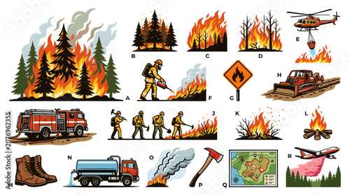 Wildfire and Firefighting Elements Vector Illustration Set: Forest Fires, Firefighters, Vehicles  Equipment Icons