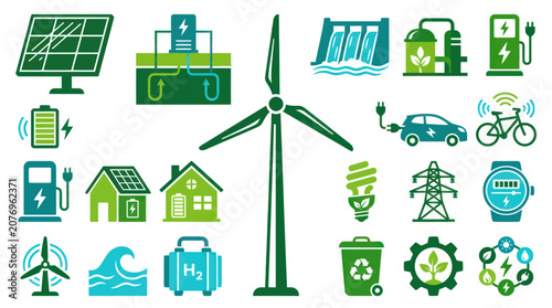 Sustainable Green Energy and Environment Technology Flat Vector Icons Set