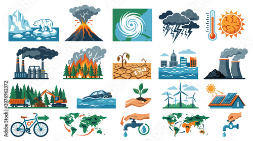 Climate Change Environmental Icons: Global Warming, Pollution, Natural Disasters, Renewable Energy, Flat Style