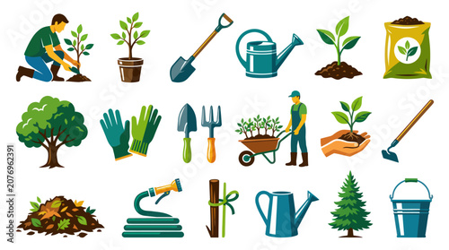 Gardening Tools and Supplies Icon Set - Flat Vector Illustrations