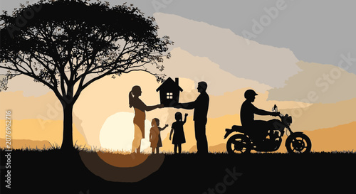 Silhouette of family with man, woman and two children holding a model house under a large tree at sunset, next to a person on a motorcycle in a rural field landscape.
