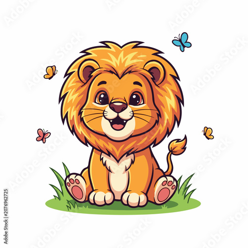 Cute Lion Cub Cartoon Vector Illustration with Colorful Butterflies Mascot Character on Grass