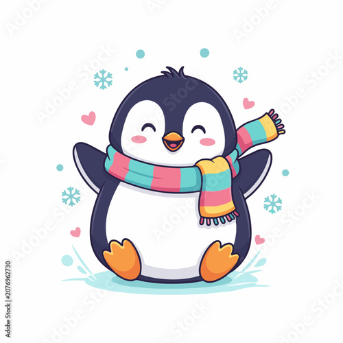 Cute Cartoon Penguin Wearing Scarf with Snowflakes and Hearts Vector Illustration