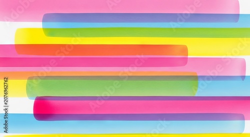 Modern watercolor art featuring translucent overlapping horizontal bars in vibrant shades of pink, yellow, and blue for a joyful feeling, minimalist, fine art, creative