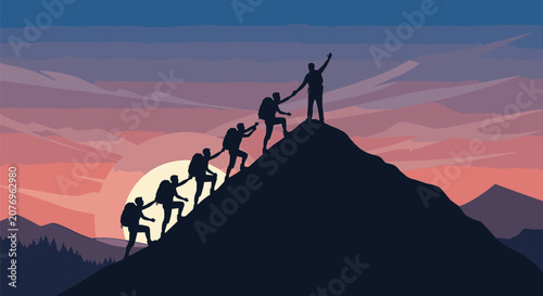 Silhouette of group of six hikers climbing steep mountain ridge during sunset, helping each other reach summit with leader at top, vector landscape with mountains and forest.