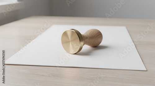 A Brass Stamp and Paper on a Wooden Table.