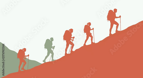 Minimalist flat vector illustration of five hiker silhouettes with backpacks and trekking poles climbing a steep mountain ridge against a pale sky in warm terracotta and green tones.