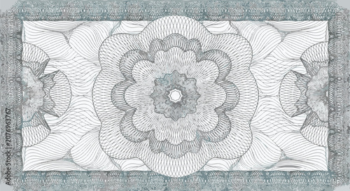 Soft blue and aqua guilloche pattern featuring a symmetrical central rosette and complex wavy border frame. Professional security engraving for banknotes, certificates, and bonds.