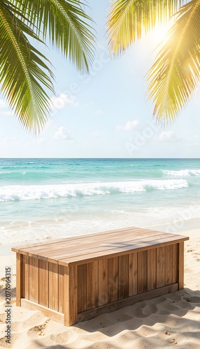 Premium vertical tropical beach product display with an empty wooden podium, turquoise ocean, palm leaves, and bright summer sky