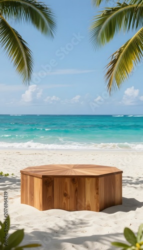 Premium vertical tropical beach product display with an empty wooden podium, turquoise ocean, palm leaves, and bright summer sky