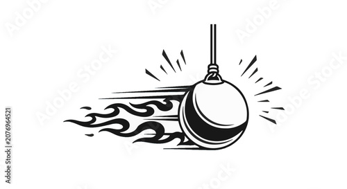 Black and white vector illustration of a tetherball moving at high speed with stylized fire trails and motion lines, isolated on a white background for playground sports design.
