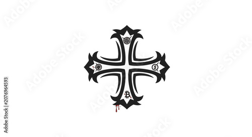 Tribal cross illustration with rounded edges featuring Bitcoin and dollar symbols plus a blood drip detail, isolated on white background for graphic design.